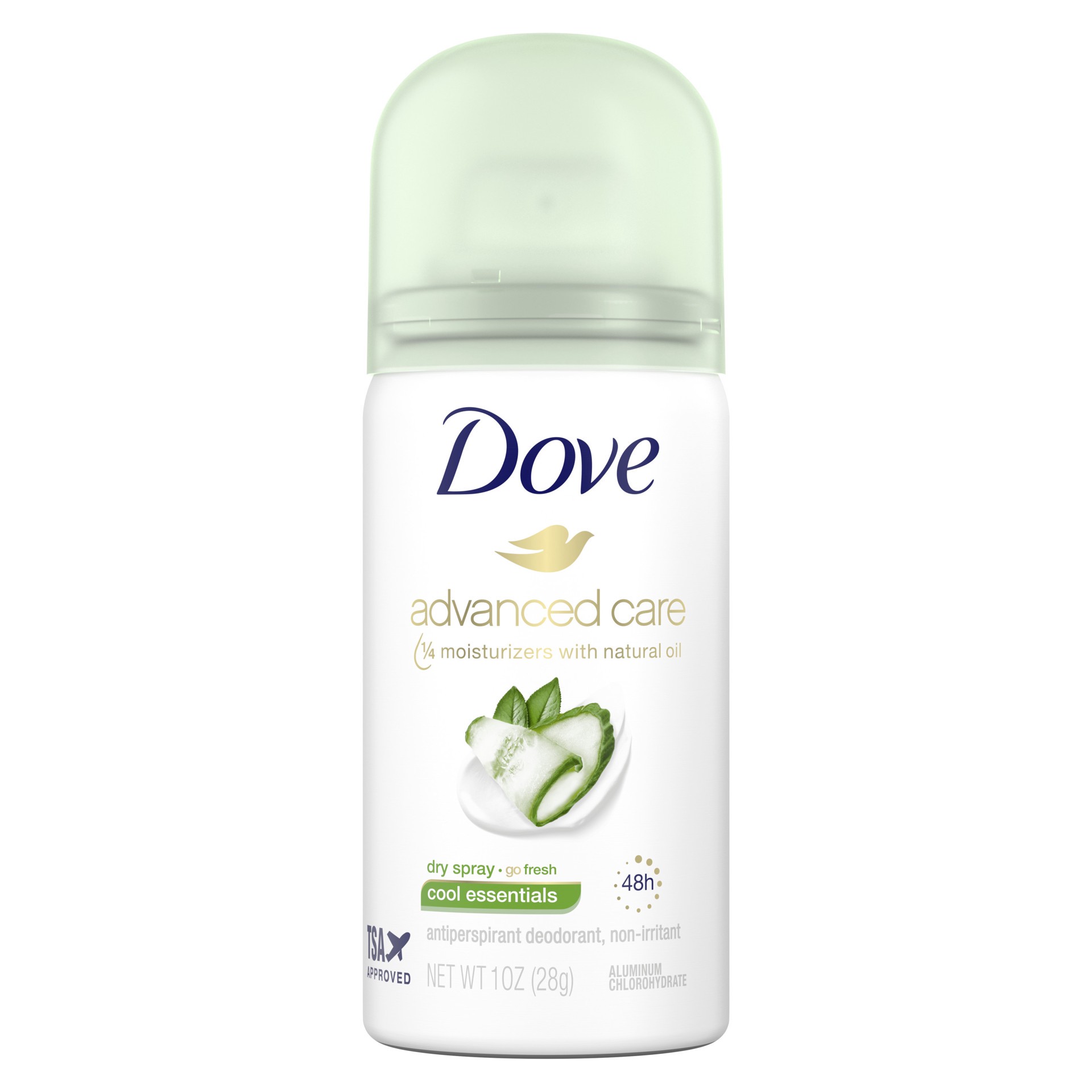 slide 1 of 4, Dove Advanced Care Travel Sized Dry Spray Antiperspirant Deodorant Cool Essentials, 1 oz