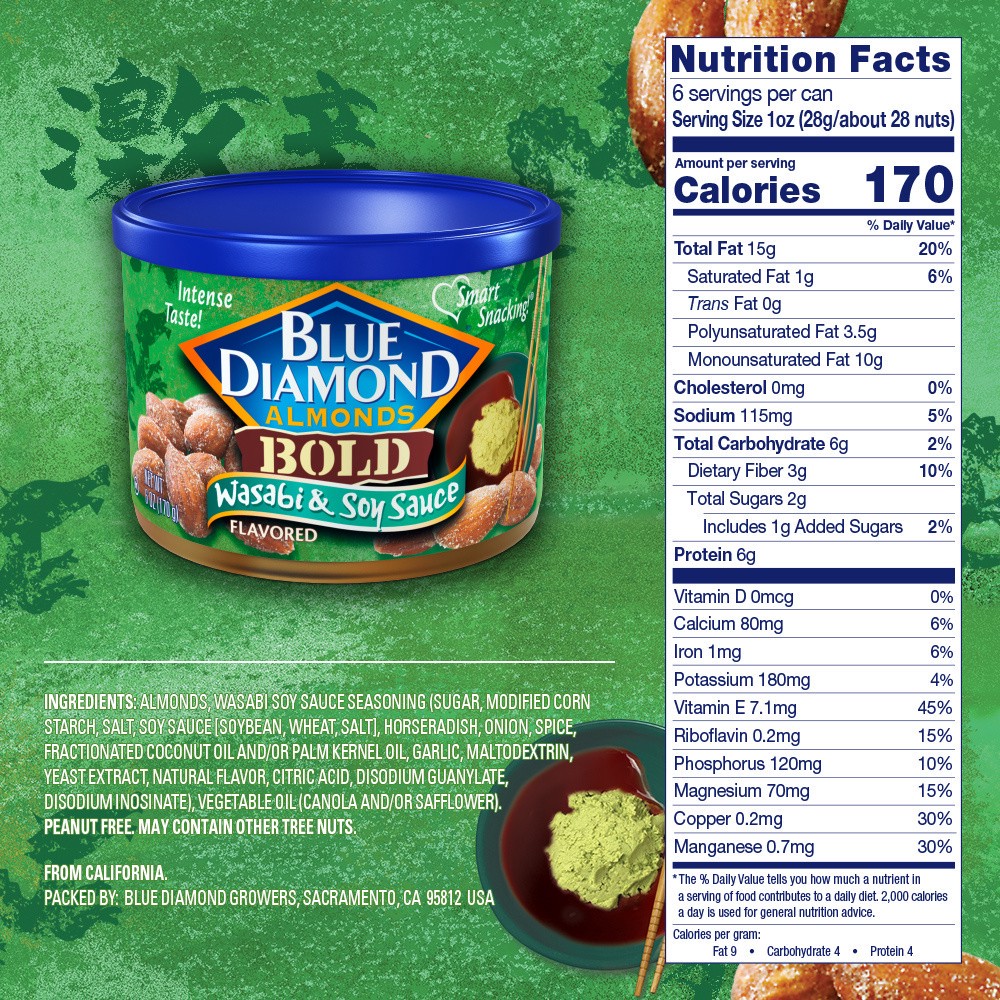 slide 2 of 2, Blue Diamond, BOLD Wasabi & Soy Sauce Almonds, 6oz Can, 6 oz