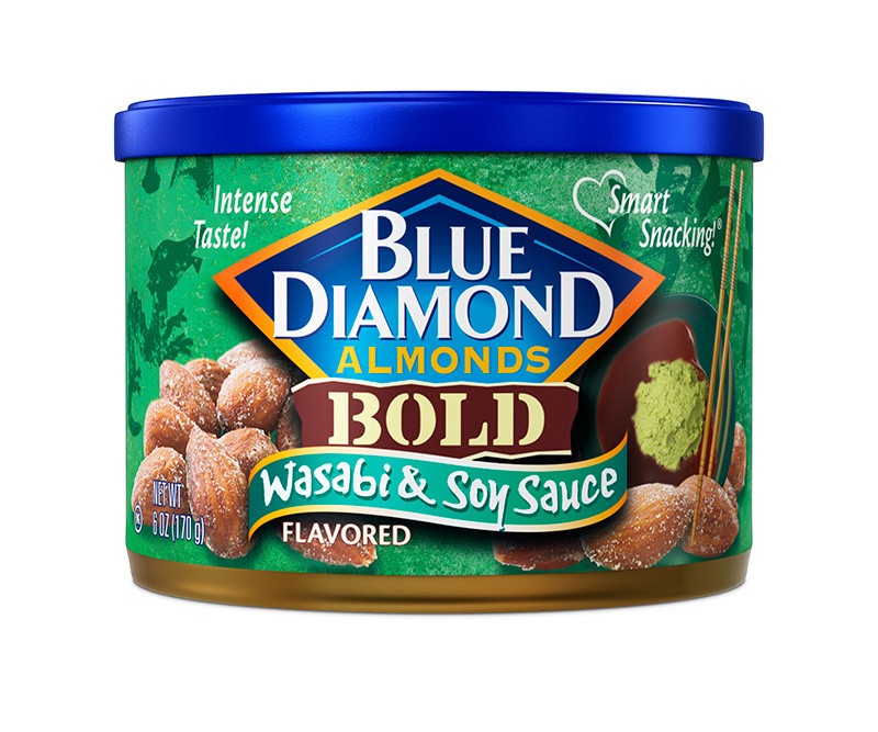 slide 1 of 2, Blue Diamond, BOLD Wasabi & Soy Sauce Almonds, 6oz Can, 6 oz