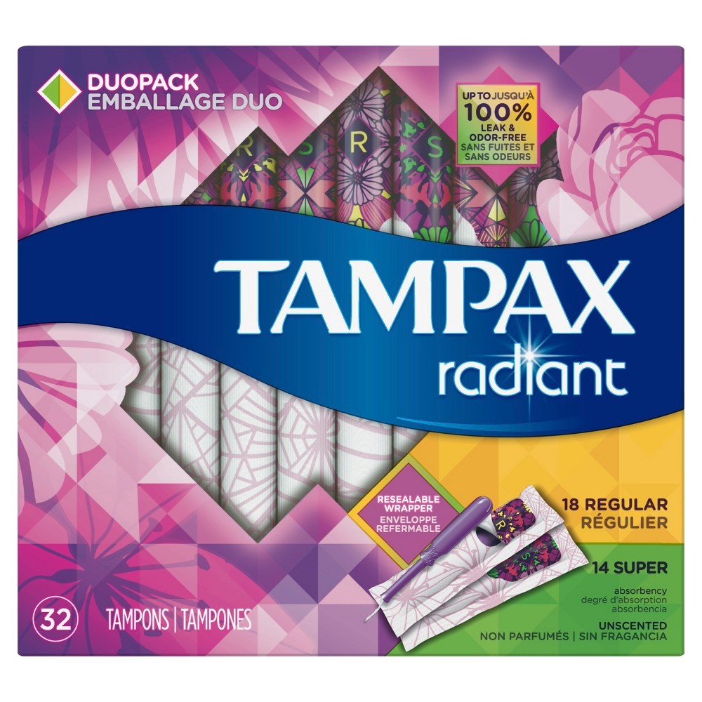 slide 8 of 13, Tampax Radiant Plastic Duopack (Regular/Super) Absorbency Tampons, 32 ct