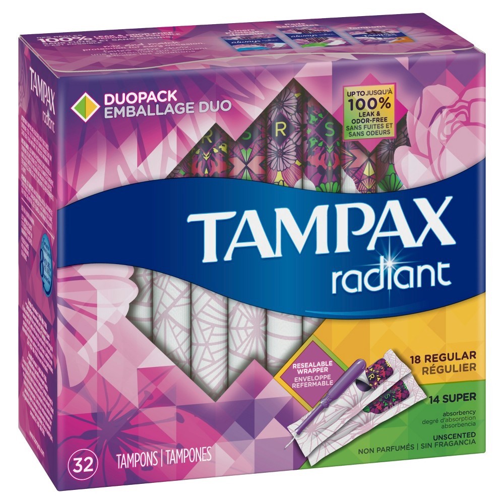 slide 11 of 13, Tampax Radiant Plastic Duopack (Regular/Super) Absorbency Tampons, 32 ct