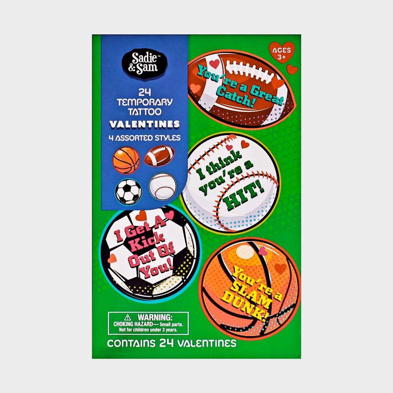 slide 1 of 3, Sadie & Sam 24ct Valentine's Day Exchange Cards Sports Ball Temporary Tattoos, 24 ct