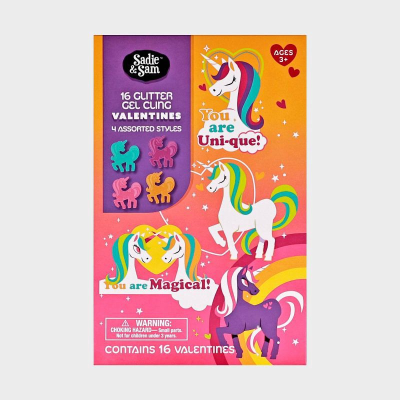 slide 1 of 3, Sadie & Sam 16ct Valentine's Day Exchange Cards Unicorn Gel Cling, 16 ct