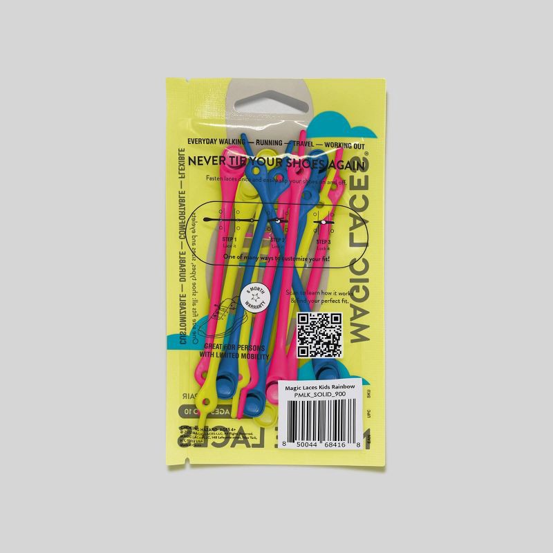 slide 3 of 4, Magic Laces Kids' 14pc (1 pr shoes) No Tie Shoe Laces - Pink/Blue/Yellow: Elastic TPR Shoelaces, Multicolor Rainbow, 14 ct