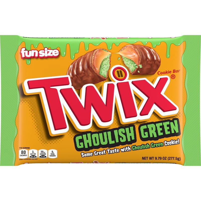 slide 1 of 10, Twix Halloween Candy Ghoulish Green Caramel Cookie Chocolate Bars Fun Size - 9.79oz, 9.79 oz
