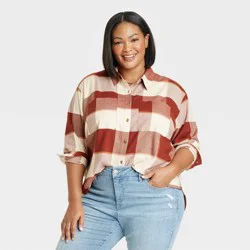 Women's Long Sleeve Flannel Button-Down Shirt - Ava & Viv Rust Plaid XXL