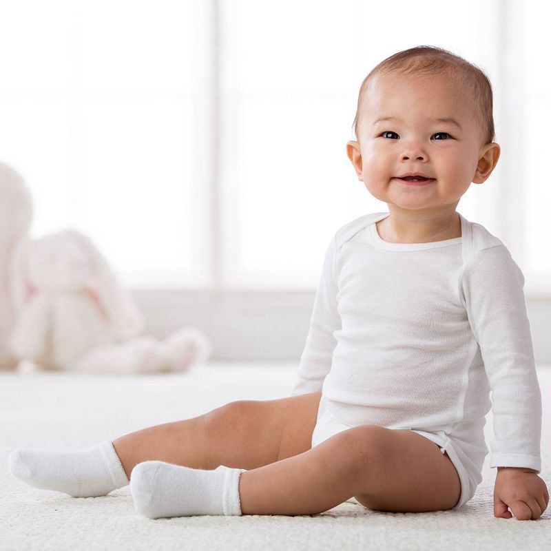 slide 2 of 4, Gerber Baby 3pk Long Sleeve Onesies Bodysuit - White 6-9M: Cotton Crew Neck, Adjustable Snap Closure, 3 ct