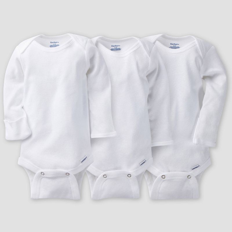 slide 1 of 4, Gerber Baby 3pk Long Sleeve Onesies Bodysuit - White 12M: Cotton Crew Neck Snap Closure, 3 ct