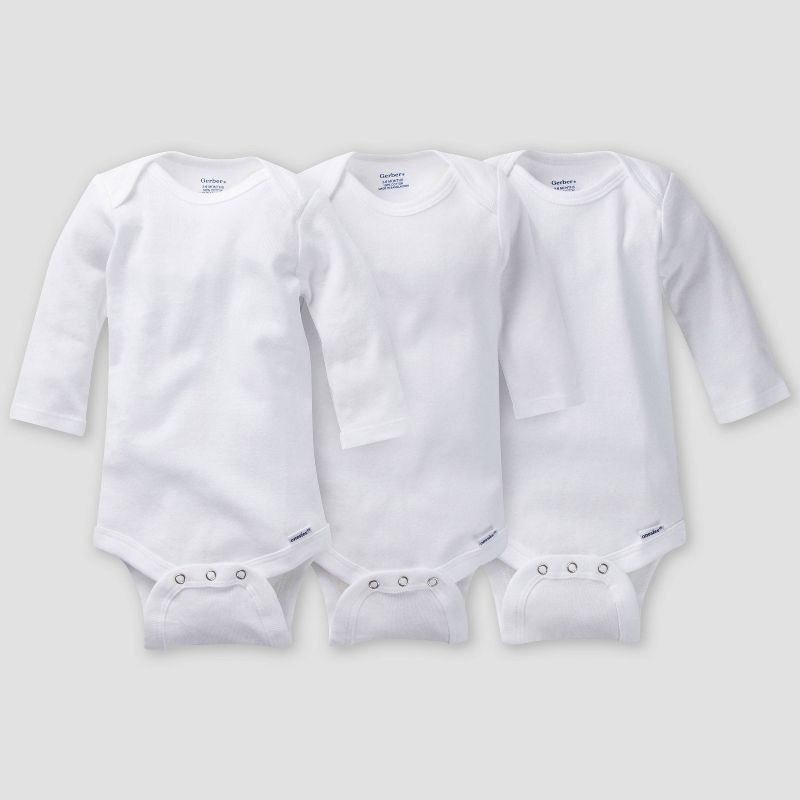slide 3 of 4, Gerber Baby 3pk Long Sleeve Onesies Bodysuit - White 24M: Cotton Knit, Crew Neck, Adjustable Snap Closure, Machine Washable, 3 ct