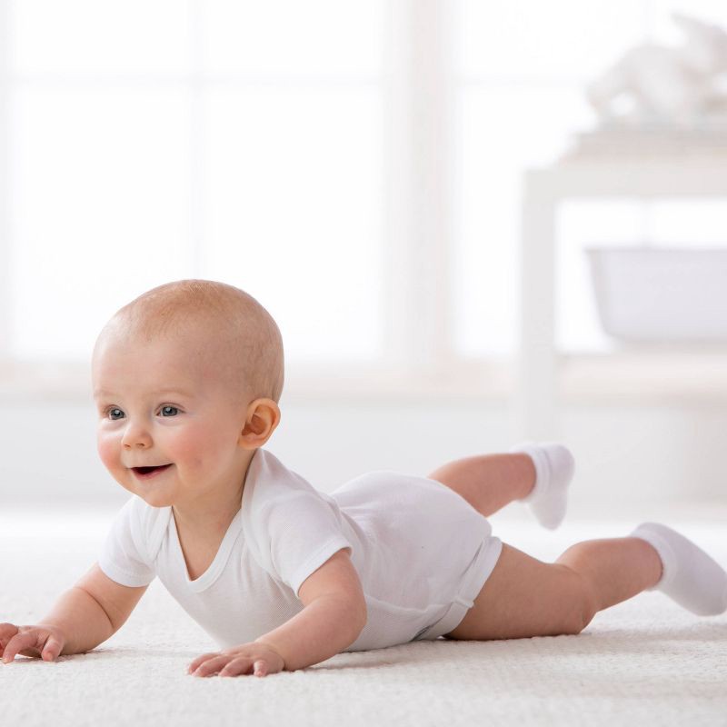 slide 3 of 4, Gerber Baby 6pk Wiggle-Proof Socks - White 0-3M: Crew Height, Tagless Design, 6 ct