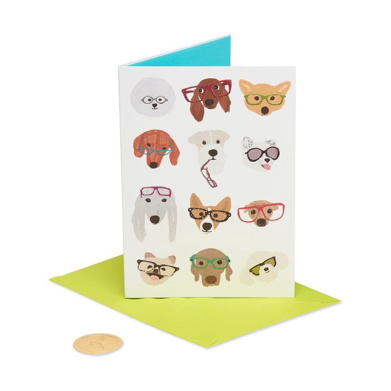 slide 4 of 5, Thinking of You Cards Dog With Glasses - PAPYRUS: Multicolored Animal Pattern Greeting Card, Vertical Fold, 7" x 5", 1 ct