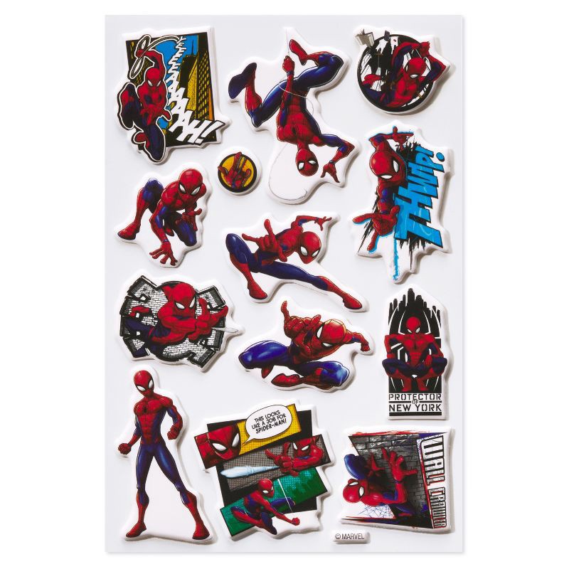slide 1 of 4, American Greetings Marvel 13ct 1 Sheet Spider-Man 3D Puffy Stickers For Kids' Friendly Neighborhood Spider-Man, 13 ct, 1 sheet