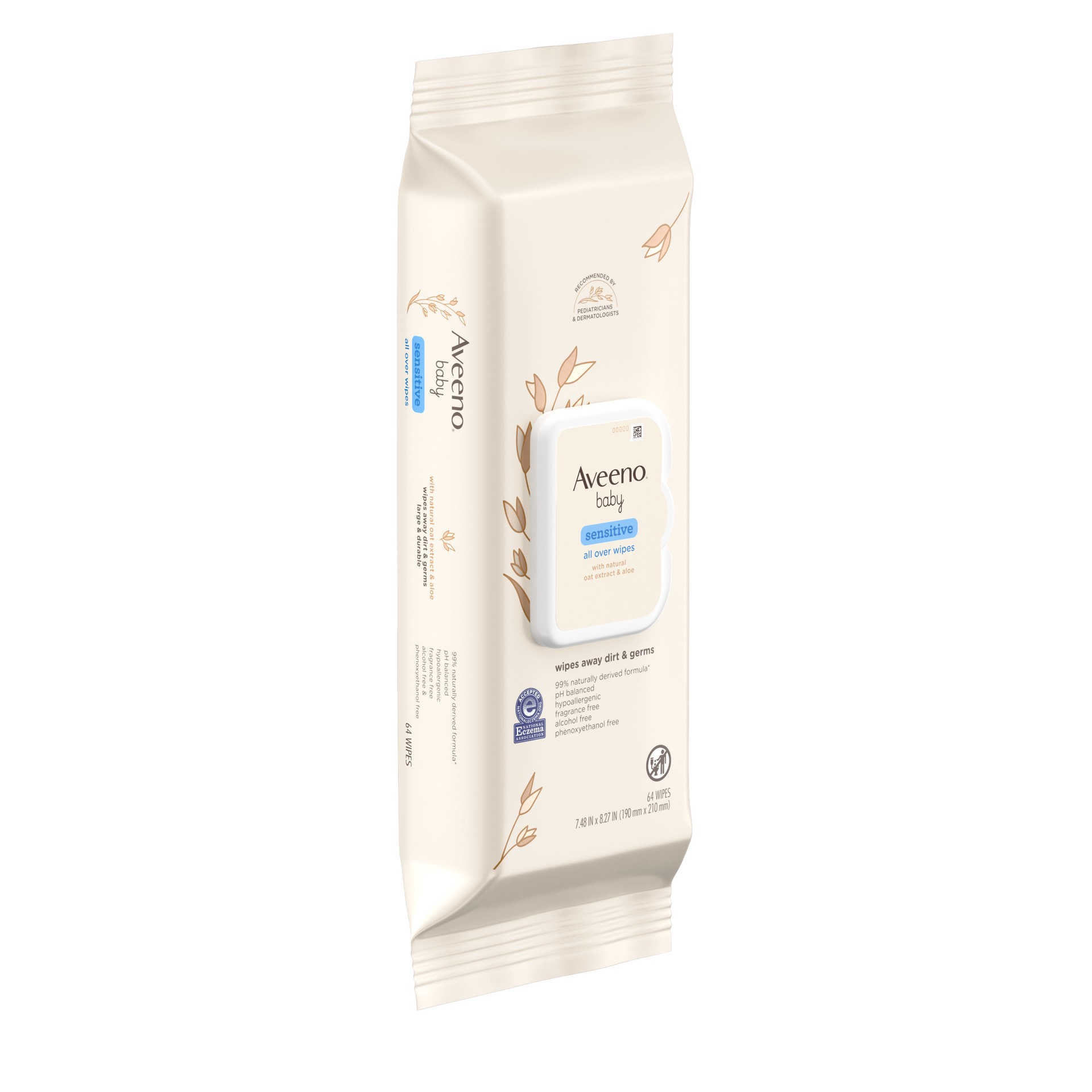 slide 6 of 10, Aveeno Sensitive All Over Wipes with Aloe & Natural Oat Extract for Face, Bottom, Hands & Body, pH-Balanced, Hypoallergenic, Fragrance-, Phenoxyethanol- & Alcohol-Free, 64 ct, 64 ct