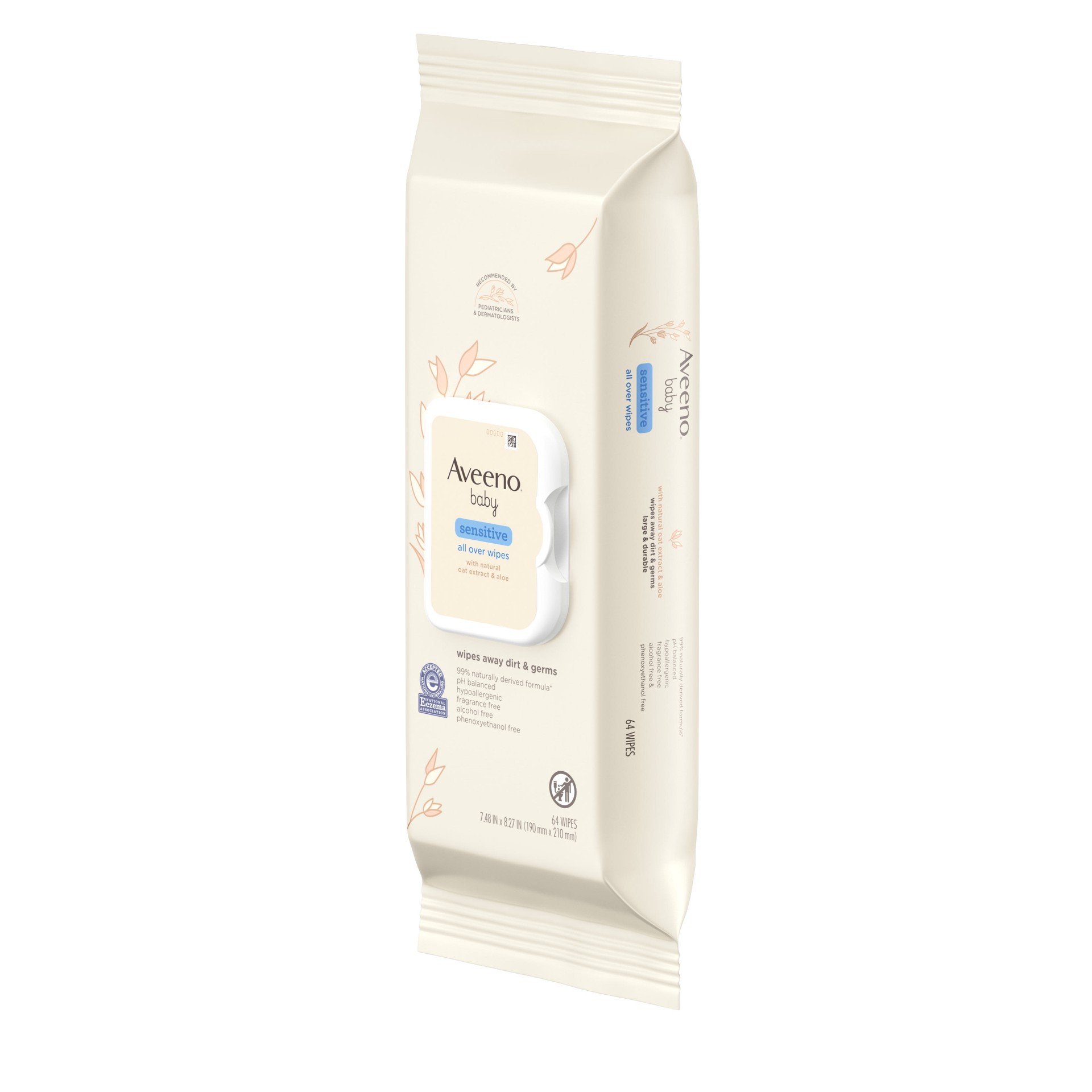 slide 9 of 10, Aveeno Sensitive All Over Wipes with Aloe & Natural Oat Extract for Face, Bottom, Hands & Body, pH-Balanced, Hypoallergenic, Fragrance-, Phenoxyethanol- & Alcohol-Free, 64 ct, 64 ct