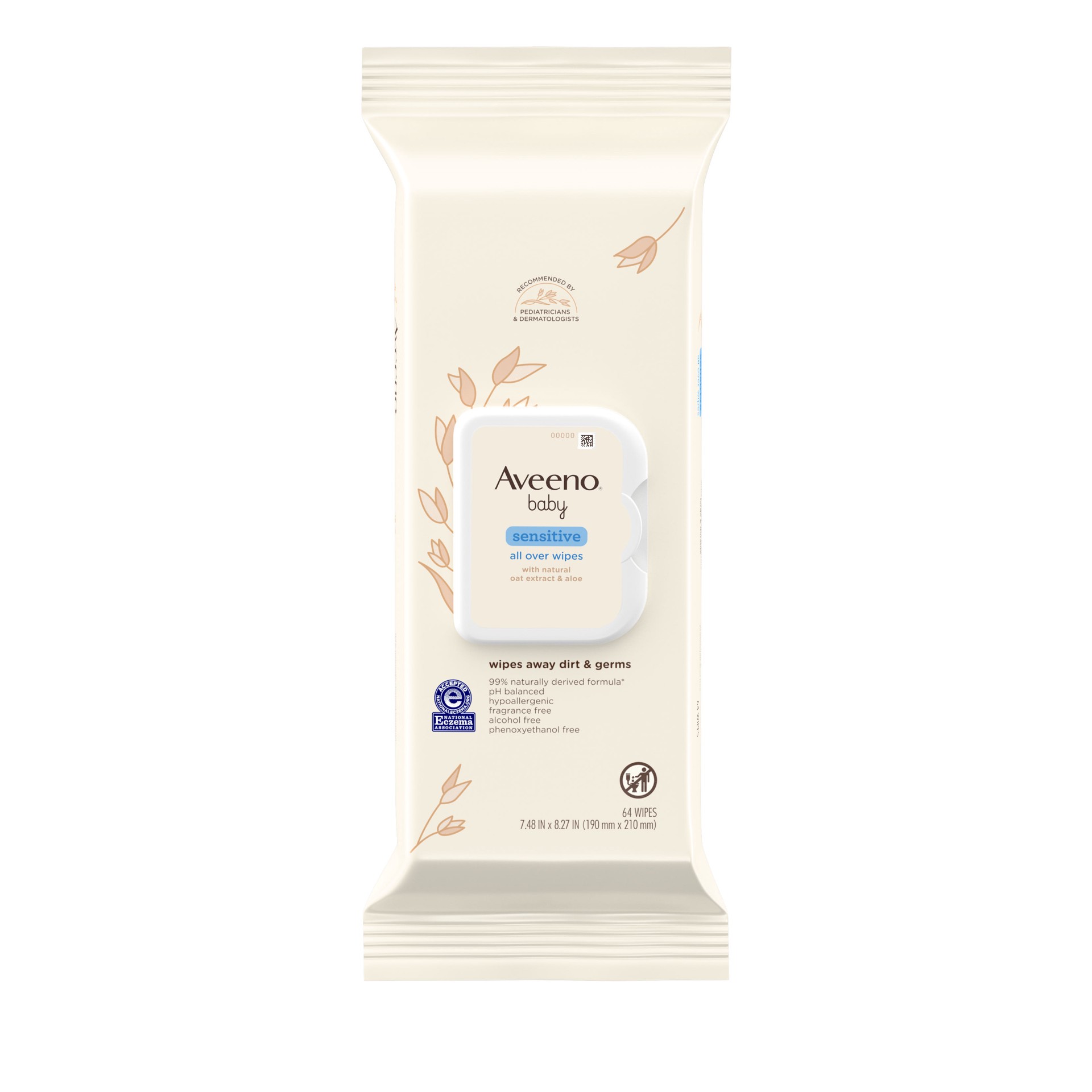 slide 10 of 10, Aveeno Sensitive All Over Wipes with Aloe & Natural Oat Extract for Face, Bottom, Hands & Body, pH-Balanced, Hypoallergenic, Fragrance-, Phenoxyethanol- & Alcohol-Free, 64 ct, 64 ct