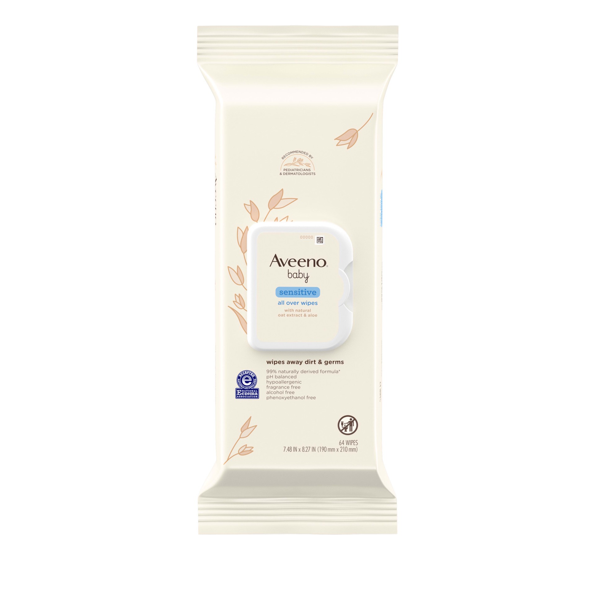 slide 1 of 10, Aveeno Sensitive All Over Wipes with Aloe & Natural Oat Extract for Face, Bottom, Hands & Body, pH-Balanced, Hypoallergenic, Fragrance-, Phenoxyethanol- & Alcohol-Free, 64 ct, 64 ct