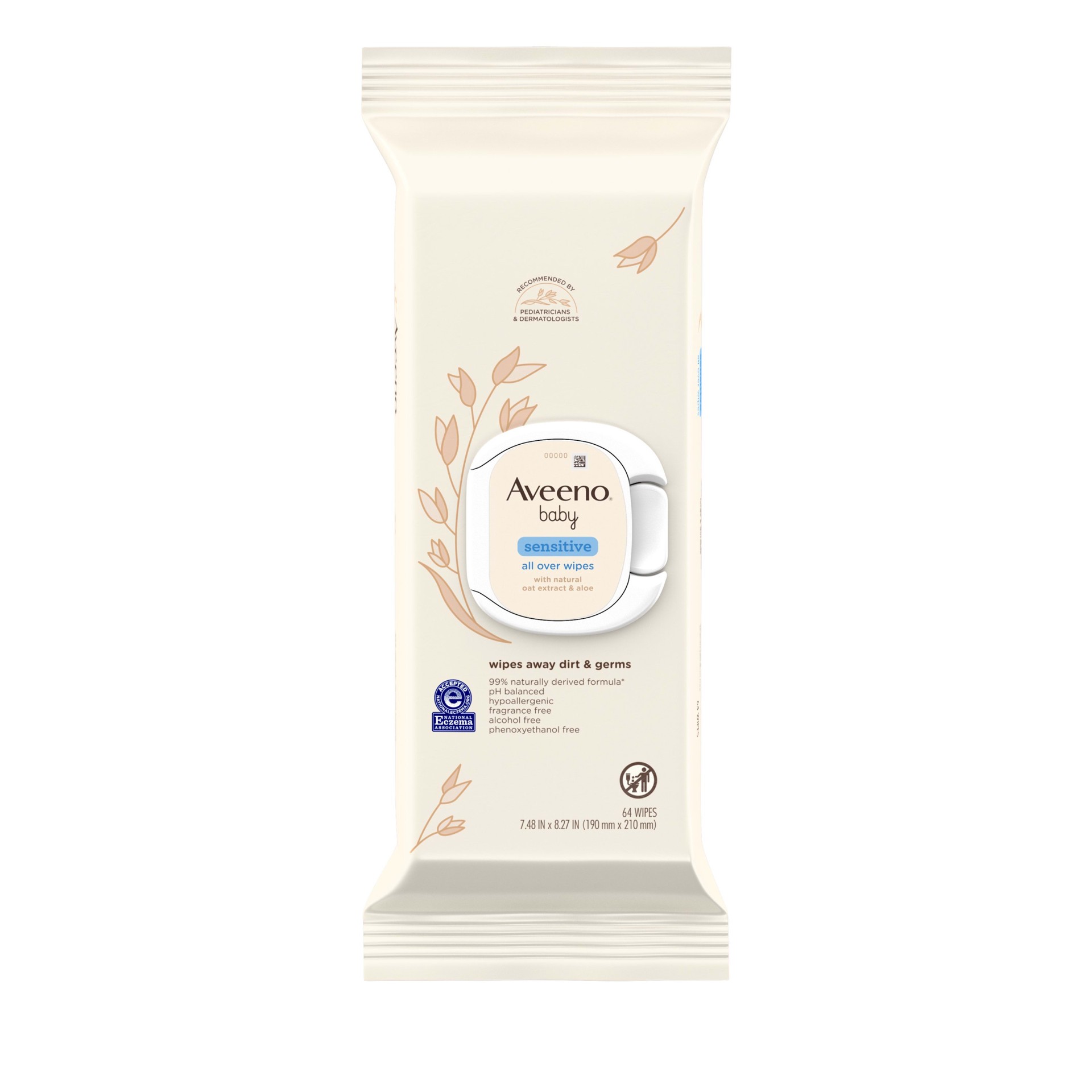 slide 1 of 10, Aveeno Sensitive All Over Wipes with Aloe & Natural Oat Extract for Face, Bottom, Hands & Body, pH-Balanced, Hypoallergenic, Fragrance-, Phenoxyethanol- & Alcohol-Free, 64 ct, 64 ct