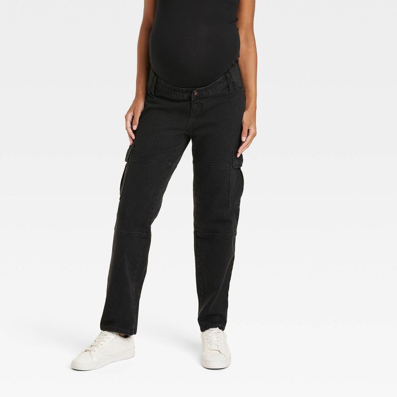 slide 1 of 4, Under Belly 90's Straight Maternity Pants - Isabel Maternity by Ingrid & Isabel™ Black 16: Cotton Denim, Mid Rise, Cargo Style, 1 ct