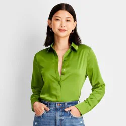 Women's Long Sleeve Button-Front Shirt - A New Day Green L
