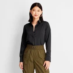Women's Long Sleeve Button-Front Shirt - A New Day Black XS