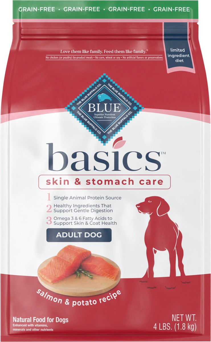 slide 13 of 13, Blue Buffalo Blue Basics Limited Ingredient Grain Free Salmon & Potato Adult Dog Food, 4 lb