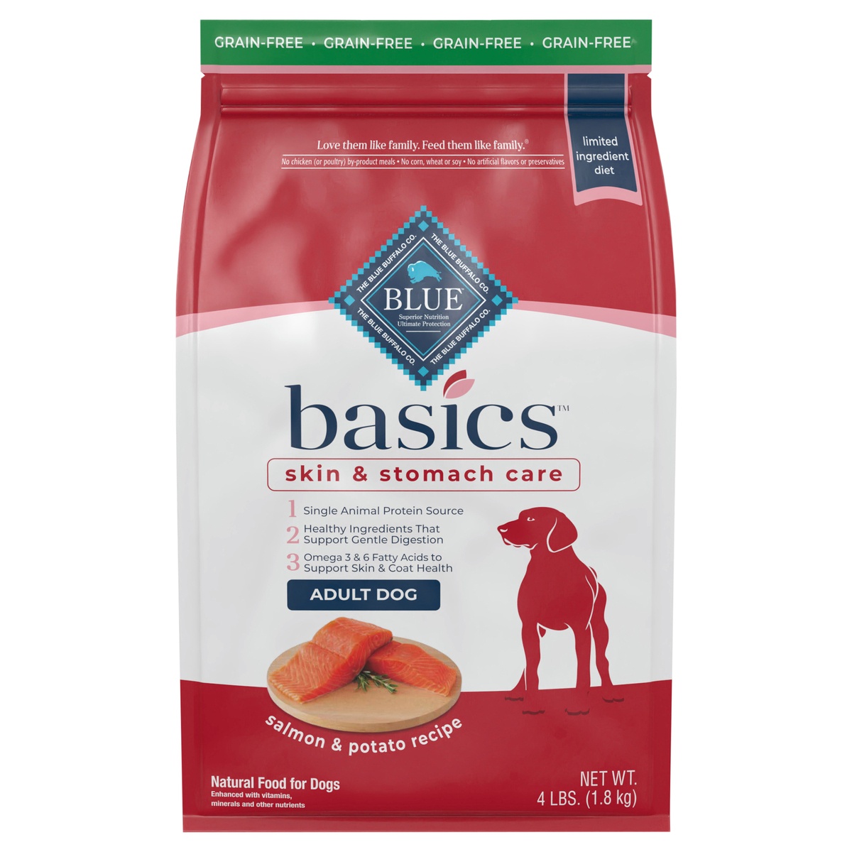 slide 1 of 1, Blue Buffalo Basics Skin & Stomach Care, Grain Free Natural Adult Dry Dog Food, Salmon & Potato 4-lb, 4 lb