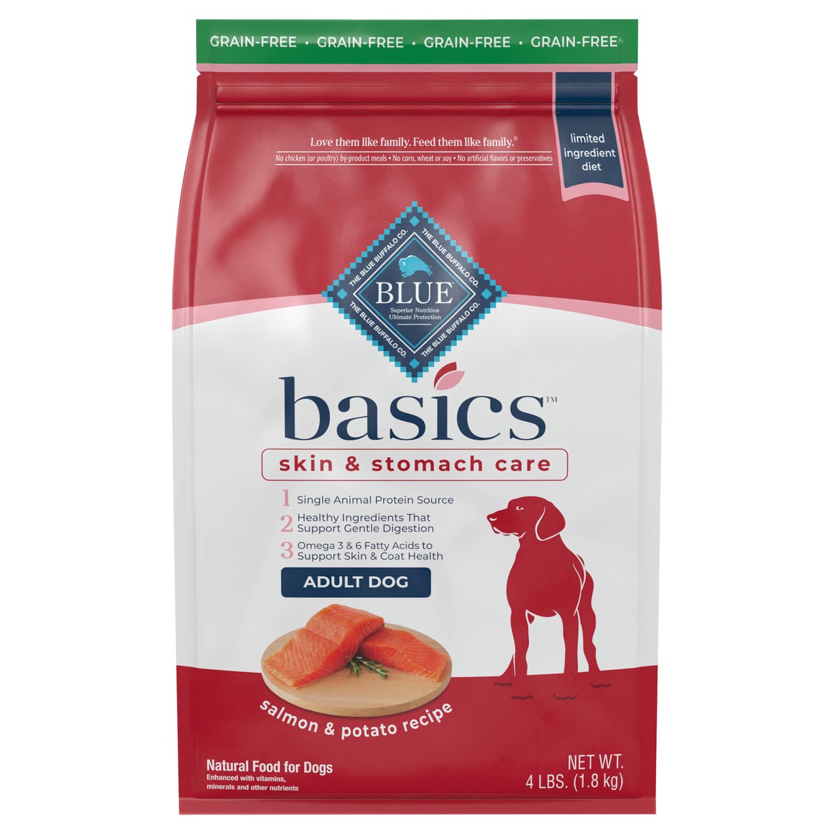 slide 4 of 13, Blue Buffalo Blue Basics Limited Ingredient Grain Free Salmon & Potato Adult Dog Food, 4 lb