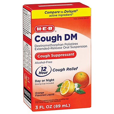 slide 1 of 1, H-E-B Cough DM 12 Hour Cough Suppressant Orange-Flavored Liquid, 3 oz