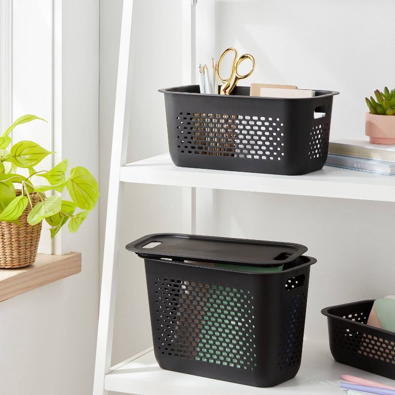 slide 2 of 3, Narrow Medium Decorative Plastic Bin Black - Brightroom™: Modern Storage with Cut-Out Handles, 13" Cube Compatible, 1 ct