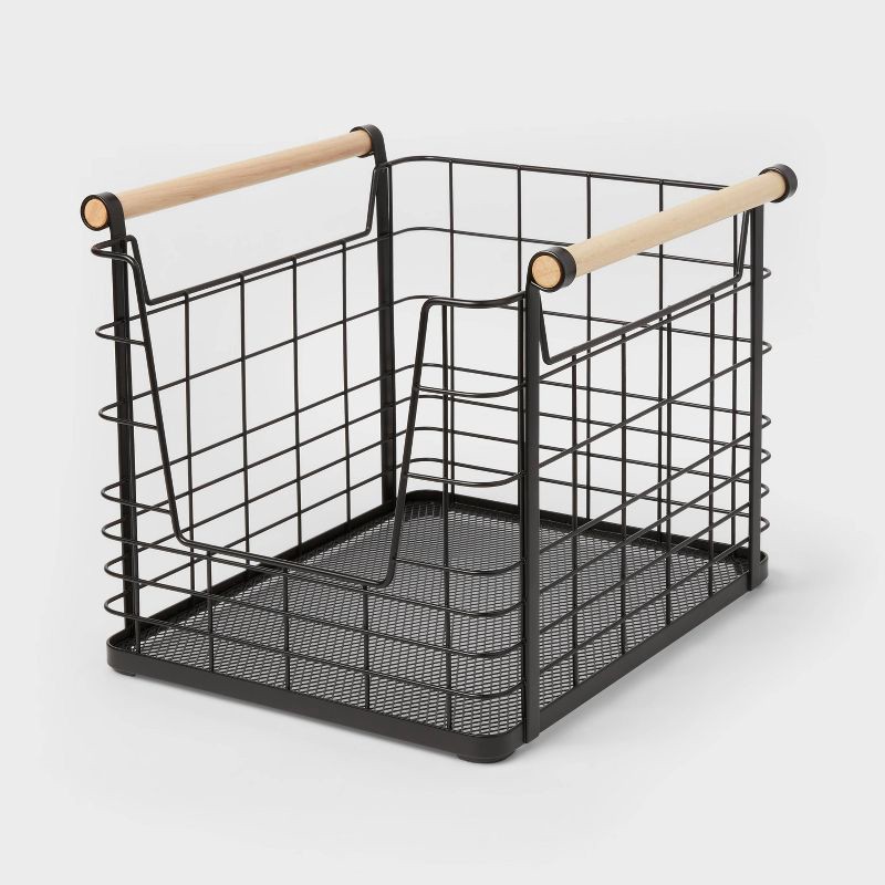 slide 1 of 3, Wire Open Front Basket Black with Natural Wood Handles - Brightroom™, 1 ct