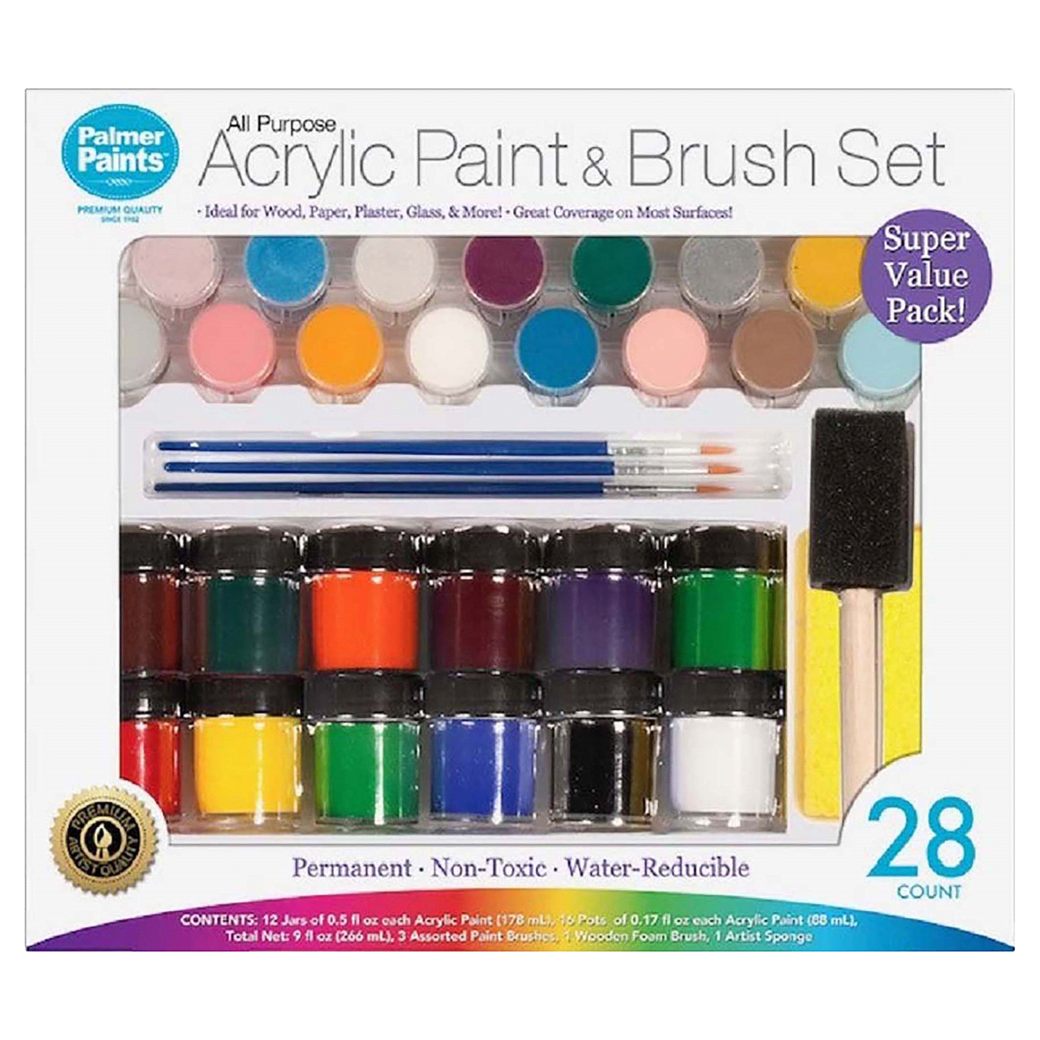 slide 1 of 1, Palmer Paints Acrylic Paint & Brush Set, 28 ct