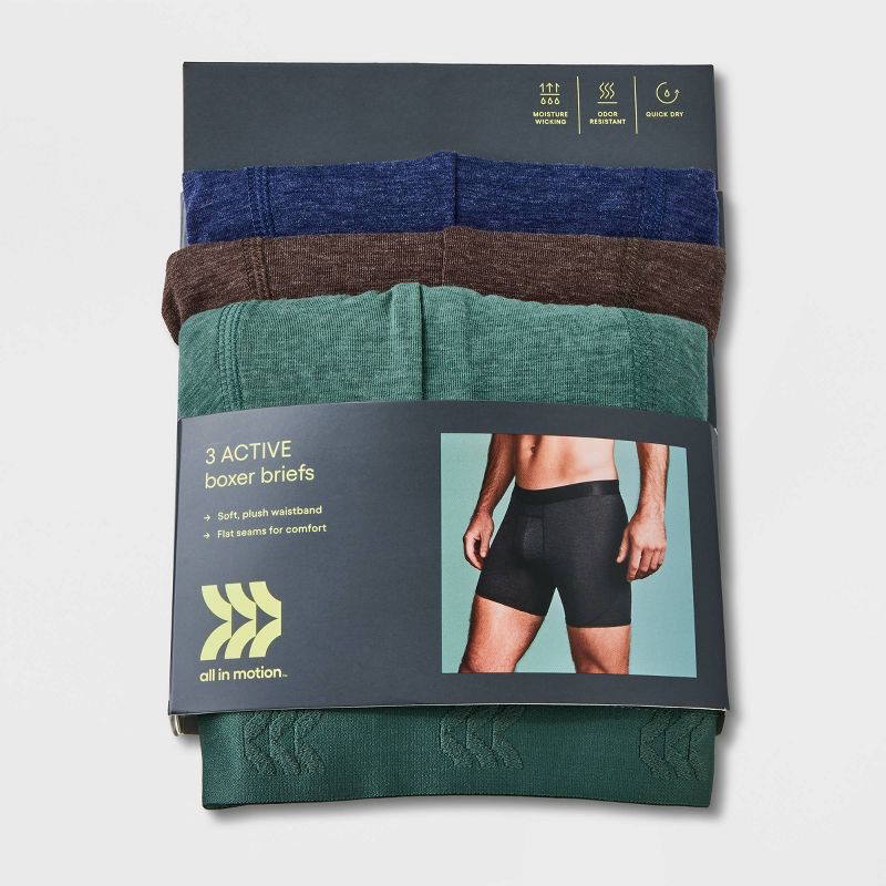 slide 4 of 4, Men's All Day Active Boxer Briefs 3pk - All In Motion™ Green/Blue/Brown S: Lightweight Knit, Mid Rise, 3 ct