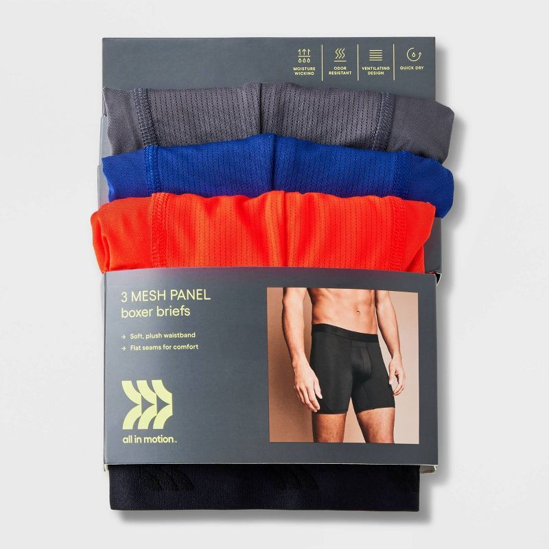 slide 3 of 4, Men's Jersey Mesh Performance Boxer Briefs 3pk - All In Motion™ Gray/Indigo/Red XL, 3 ct