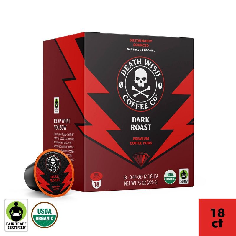 slide 1 of 7, Death Wish Coffee Co Death Wish Coffee Organic and Fair Trade Dark Roast Single-Serve Coffee Pods 18ct/7.9oz, 18 ct; 7.9 oz