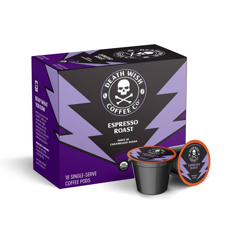 slide 2 of 9, Death Wish Coffee Co Death Wish Coffee Organic and Fair Trade Espresso Roast Single-Serve Coffee Pods 18ct/7.2oz, 18 ct, 7.2 oz