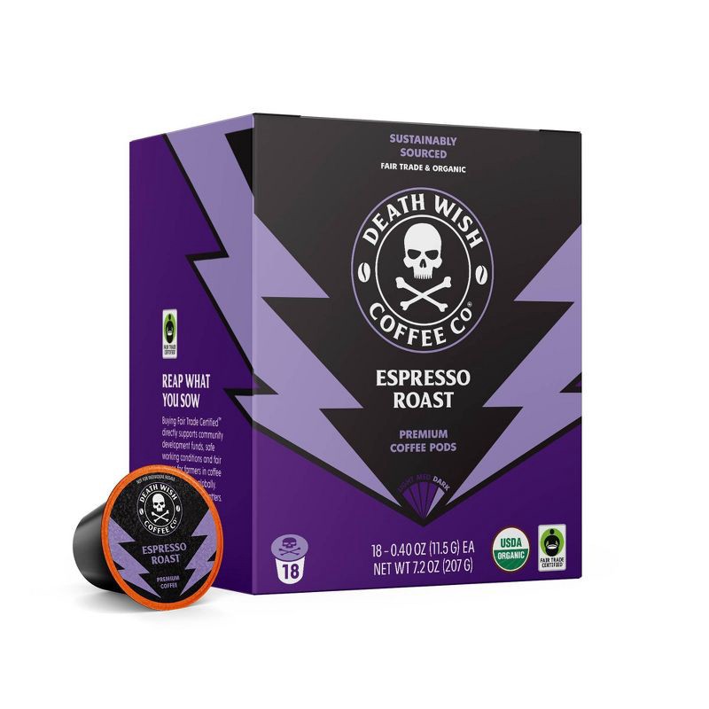 slide 9 of 9, Death Wish Coffee Co Death Wish Coffee Organic and Fair Trade Espresso Roast Single-Serve Coffee Pods 18ct/7.2oz, 18 ct, 7.2 oz