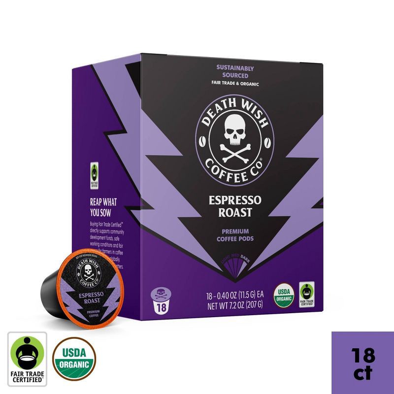 slide 1 of 9, Death Wish Coffee Co Death Wish Coffee Organic and Fair Trade Espresso Roast Single-Serve Coffee Pods 18ct/7.2oz, 18 ct, 7.2 oz