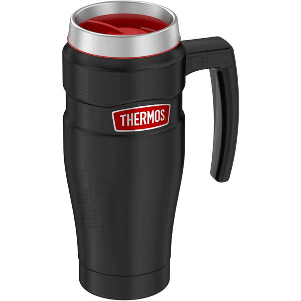 slide 1 of 1, Thermos Stainless Steel Handles Mug Black Matte with Red Cap, 16 oz