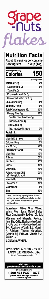 slide 4 of 9, Post Grape Nuts Flakes Breakfast Cereal, 18 OZ Box, 18 oz