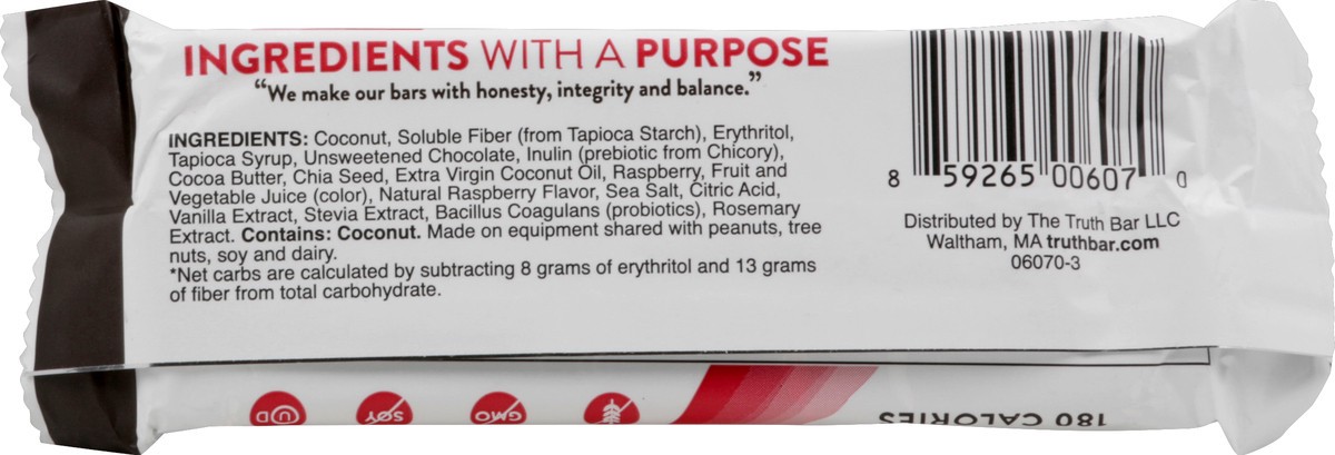 slide 6 of 6, Truth Bar Prebiotic + Probiotic Bar, Chocolate Raspberry Coconut, 1.76 oz