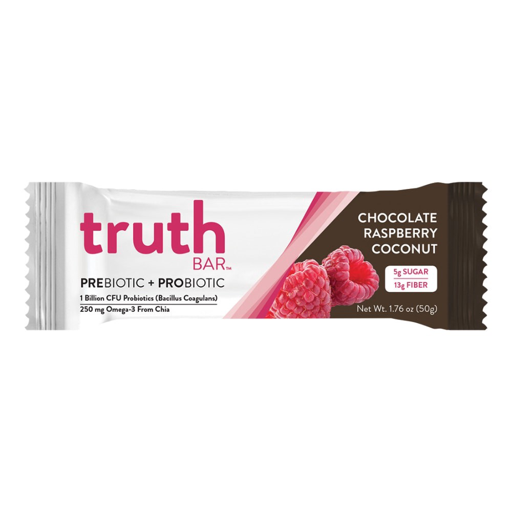 slide 1 of 6, Truth Bar Prebiotic + Probiotic Bar, Chocolate Raspberry Coconut, 1.76 oz