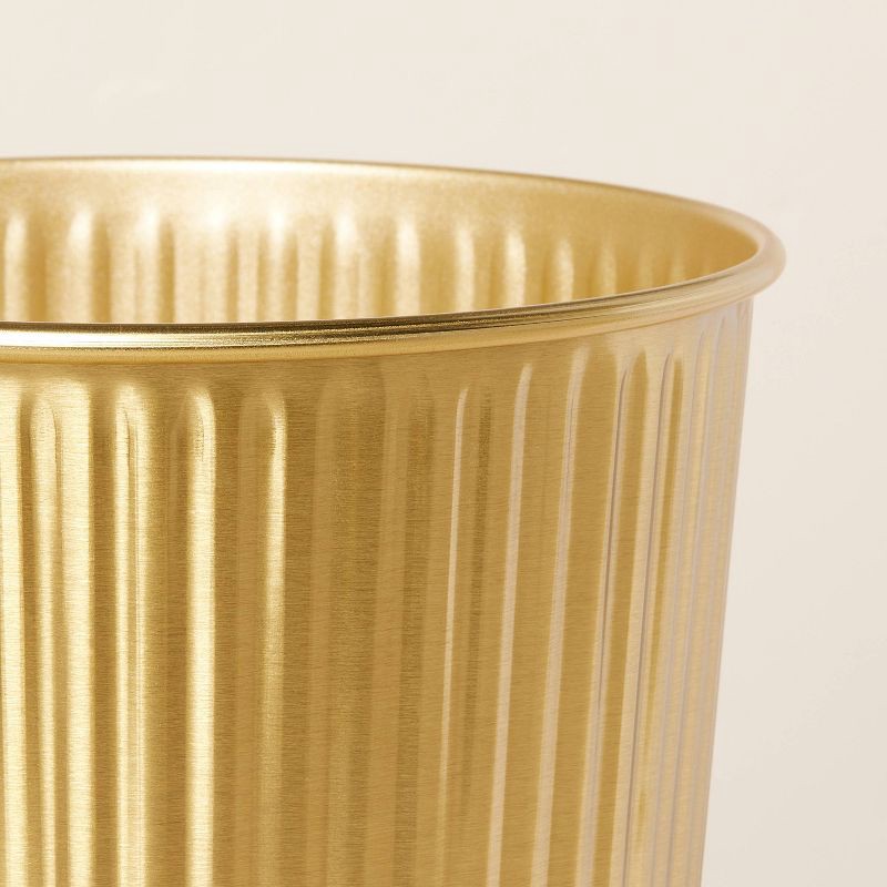 slide 3 of 4, Hearth & Hand with Magnolia 2.4gal Fluted Brass Bathroom Wastebasket Antique Finish - Hearth & Hand™ with Magnolia: Open-Top Design, Steel Material, 2.4 gal