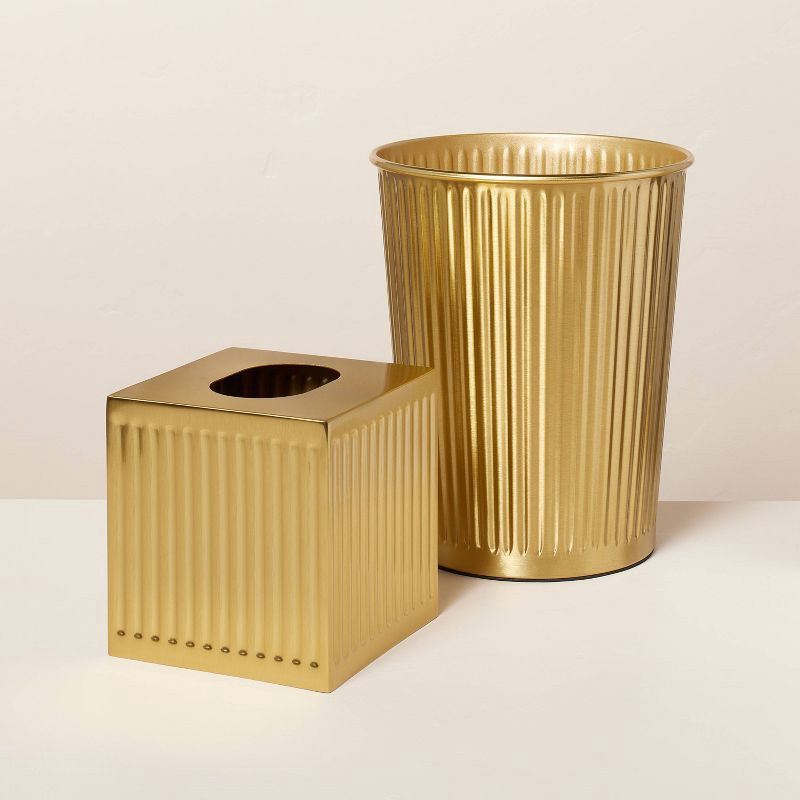 slide 4 of 4, Hearth & Hand with Magnolia 2.4gal Fluted Brass Bathroom Wastebasket Antique Finish - Hearth & Hand™ with Magnolia: Open-Top Design, Steel Material, 2.4 gal