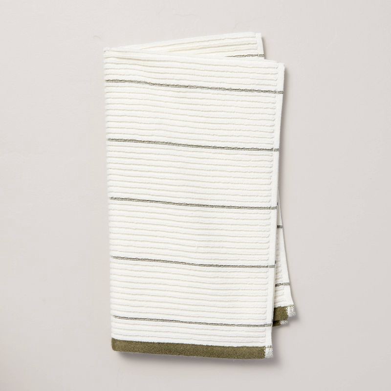 slide 1 of 4, Hearth & Hand with Magnolia Ribbed Terry Hand Towel Cream/Green - Hearth & Hand™ with Magnolia: Midweight Cotton, Stripe Pattern, OEKO-TEX Certified, 1 ct