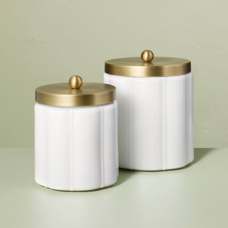 slide 3 of 4, Hearth & Hand with Magnolia Large Milk Glass Bath Canister with Metal Lid Brass Finish - Hearth & Hand™ with Magnolia: Farmhouse Style Storage Container for Bathroom, 1 ct