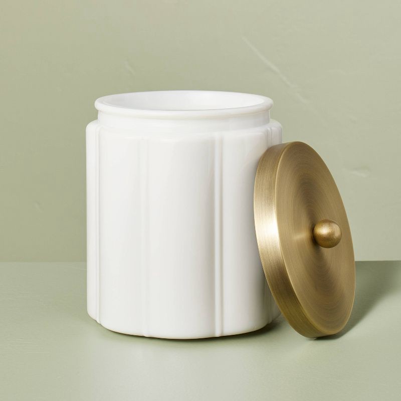 slide 4 of 4, Hearth & Hand with Magnolia Large Milk Glass Bath Canister with Metal Lid Brass Finish - Hearth & Hand™ with Magnolia: Farmhouse Style Storage Container for Bathroom, 1 ct