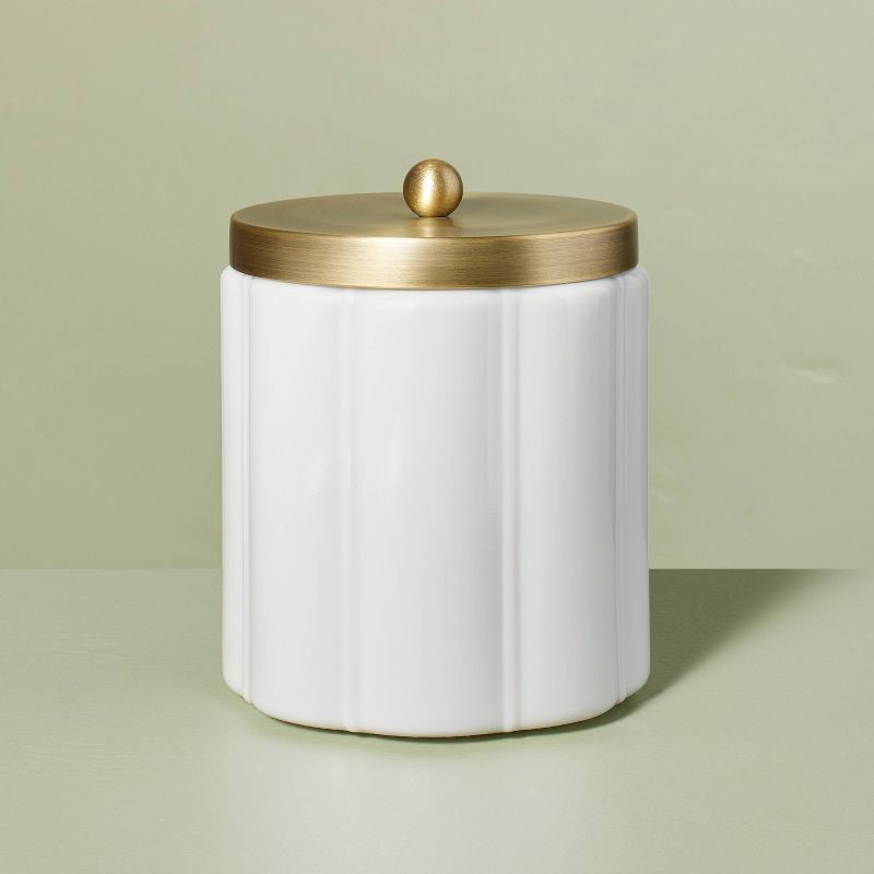 slide 1 of 4, Hearth & Hand with Magnolia Large Milk Glass Bath Canister with Metal Lid Brass Finish - Hearth & Hand™ with Magnolia: Farmhouse Style Storage Container for Bathroom, 1 ct