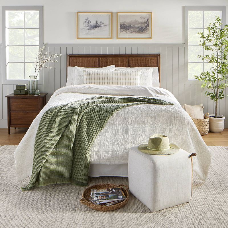 slide 2 of 4, Hearth & Hand with Magnolia 14"x36" Layered Stripe Lumbar Bed Pillow Sage Green/Cream/Natural - Hearth & Hand™ with Magnolia: Cotton-Linen Blend, Indoor Use, 1 ct