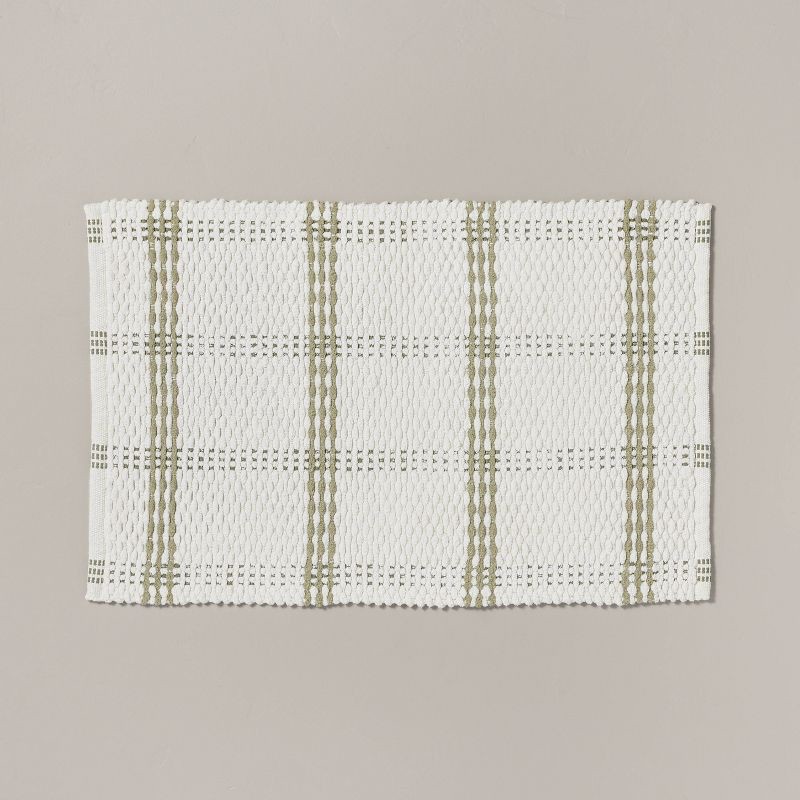 slide 1 of 4, Hearth & Hand with Magnolia 20"x32" Open Plaid Bath Rug Green/Cream - Hearth & Hand™ with Magnolia: Woven Cotton, Machine Washable, 1 ct