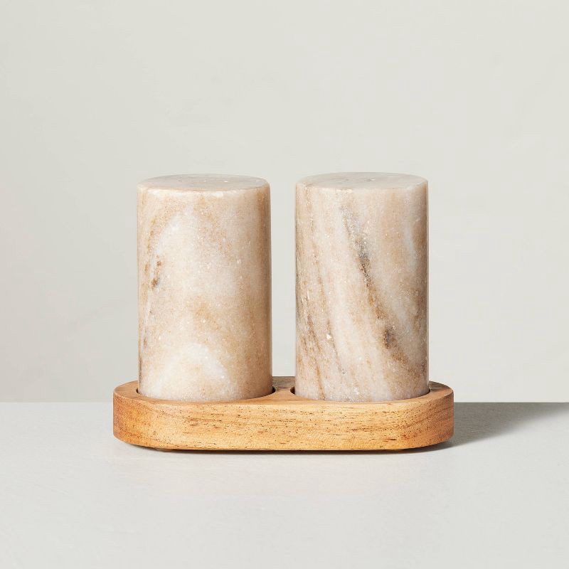 slide 1 of 3, Hearth & Hand with Magnolia 3pc Marble Salt and Pepper Shakers Warm Beige - Hearth & Hand™ with Magnolia, 3 ct